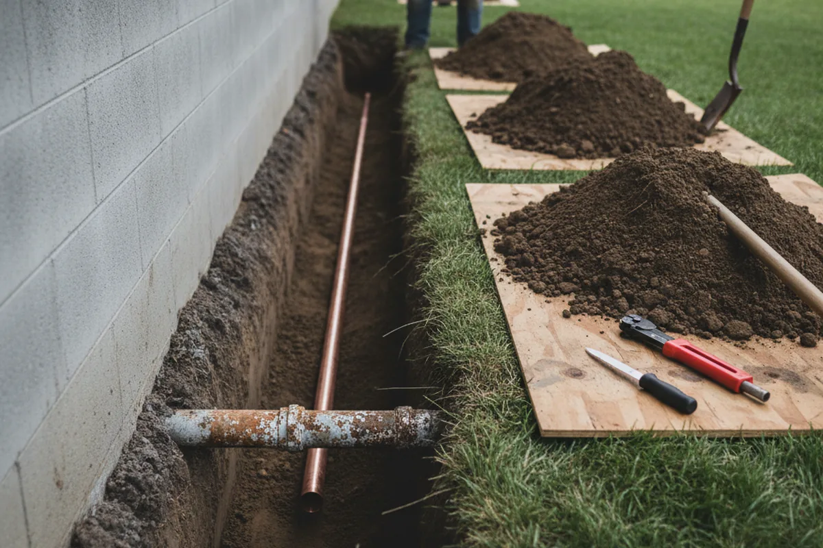 Excavated water line trench during Sewer Line Repair in Tryon
